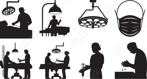 Surgical Operation Room Silhouette Set Featuring Doctors, Lights, and Medical Procedures in Hospital