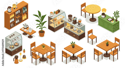 Cozy cafe isometric furniture set with tables, chairs, and plants