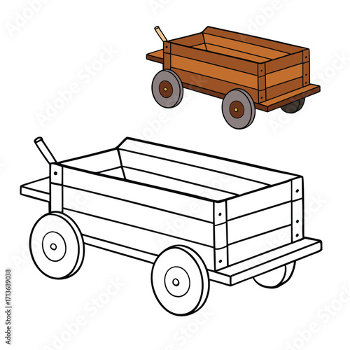 A charming wooden cart coloring page, featuring rustic details, sturdy wheels, and a vintage design—perfect for adding your own colorful, creative touch.
