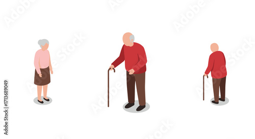 Elderly couple in isometric style with walking canes on white background