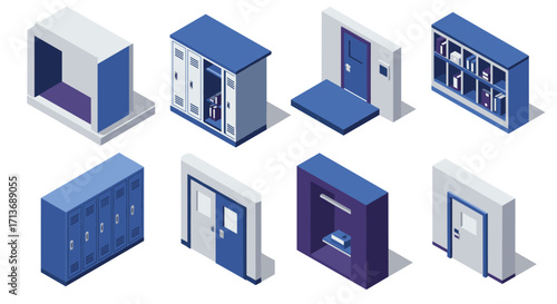 Isometric office and school cabinets and doors in blue and white tones