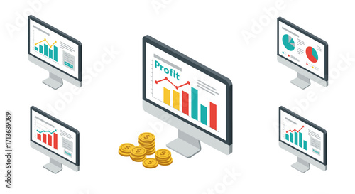 Isometric business growth charts with financial symbols