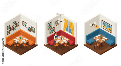 Isometric restaurant interiors with cozy booth seating and wall art decor