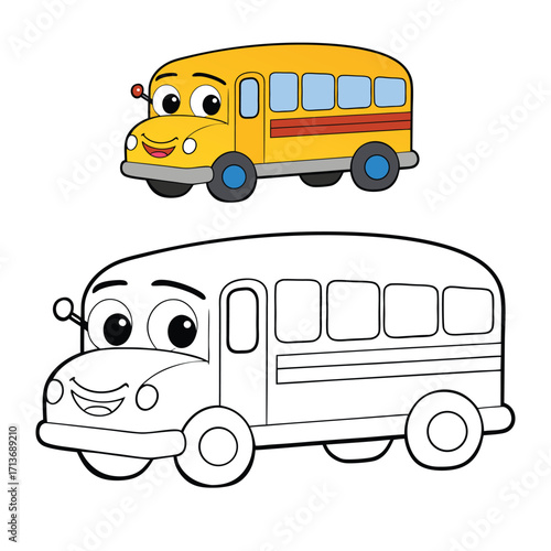 A cheerful cartoon school bus with big friendly eyes, smiling front, and kids inside, ready for a fun ride—perfect for a playful, easy-to-color page.
