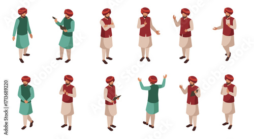 Traditional isometric figures in cultural attire engaged in discussion