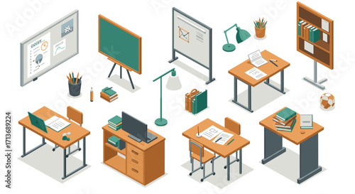 Isometric office and classroom essentials in modern workspace design