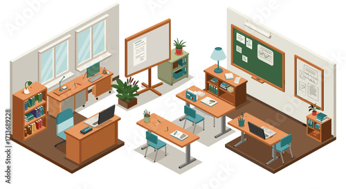 Isometric classroom interior with desks, chairs, and teaching tools