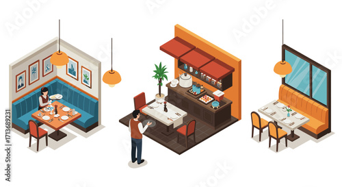 Cozy isometric café interior with customers and staff in modern design