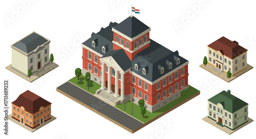 Isometric architectural buildings set with classic and modern styles
