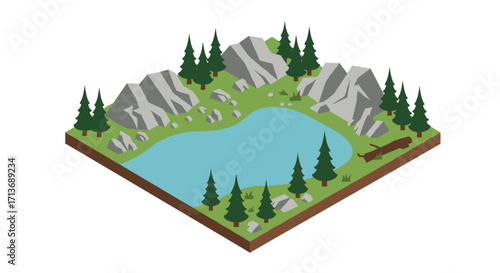 Isometric forest lake with pine trees and rocky surroundings