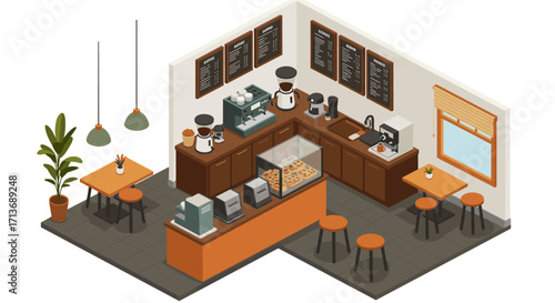 Cozy coffee shop interior in isometric design with modern equipment and pastry display