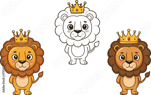 Cartoon lions wearing crowns, cute lion king characters, royal animals, wildlife illustration, children’s art, coloring page, jungle, zoo, fantasy, mascot