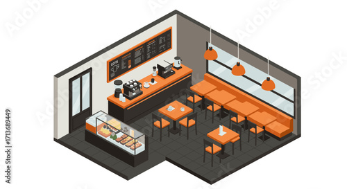 Cozy isometric café interior design with counter, tables, and modern decor
