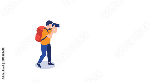Traveler with camera taking photos in isometric design