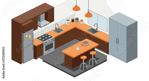 Modern isometric kitchen design with brown cabinets and orange accents