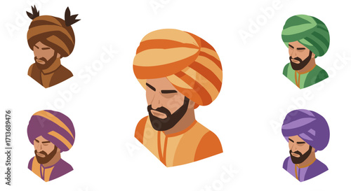 Diverse turban styles in isometric design featuring cultural and color variations