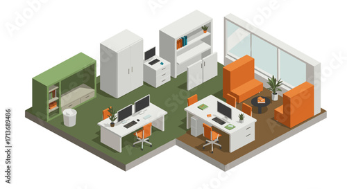 Modern isometric office interior with workspace and furniture