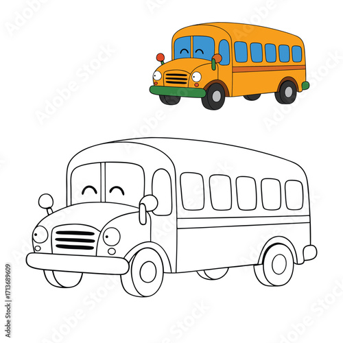 A cheerful cartoon school bus with big friendly eyes, smiling front, and kids inside, ready for a fun ride—perfect for a playful, easy-to-color page.
