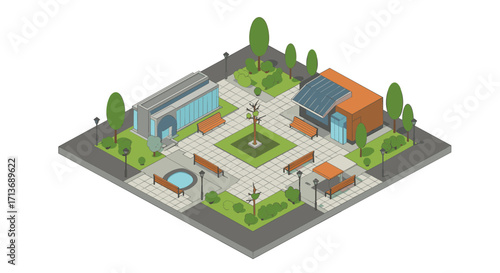Charming isometric city park with benches, greenery, and modern buildings