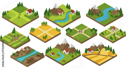 Isometric landscape collection with farmhouses, rivers, and mountains in various seasons