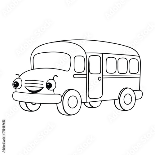 A cheerful cartoon school bus with big friendly eyes, smiling front, and kids inside, ready for a fun ride—perfect for a playful, easy-to-color page.

