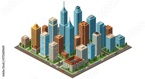 Isometric cityscape with skyscrapers and street details