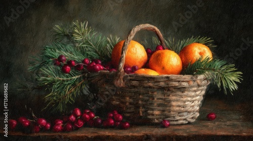 Beautiful still life featuring woven basket filled with vibrant oranges and red berries, surrounded by lush green pine branches, evoking warm, festive atmosphere