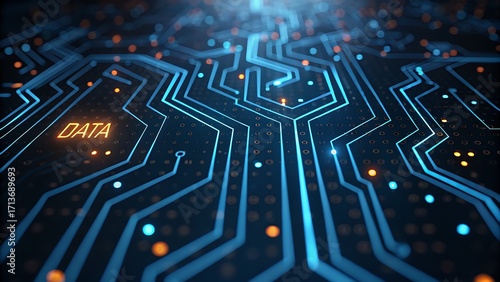 Abstract glowing blue circuit board with data stream