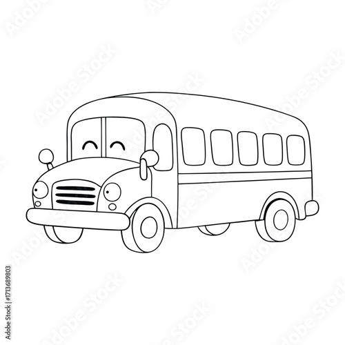 A cheerful cartoon school bus with big friendly eyes, smiling front, and kids inside, ready for a fun ride—perfect for a playful, easy-to-color page.
