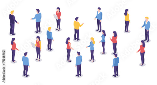 Isometric people standing and talking in small groups on white background