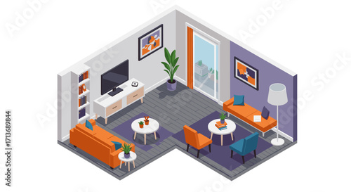 Modern isometric living room design with vibrant colors and minimalist furniture