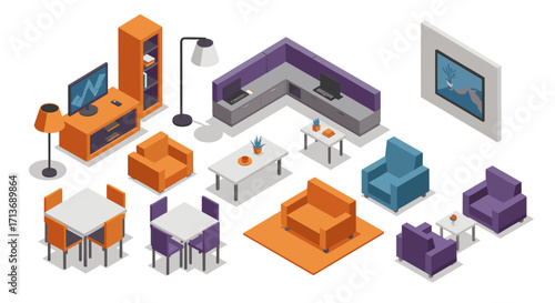 Isometric living room furniture set with modern sofas, tables, and decor elements