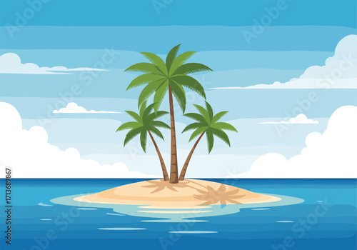 A solitary tropical island with palm trees stands in the vast ocean.