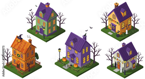 Haunted houses isometric art with halloween decorations and spooky atmosphere
