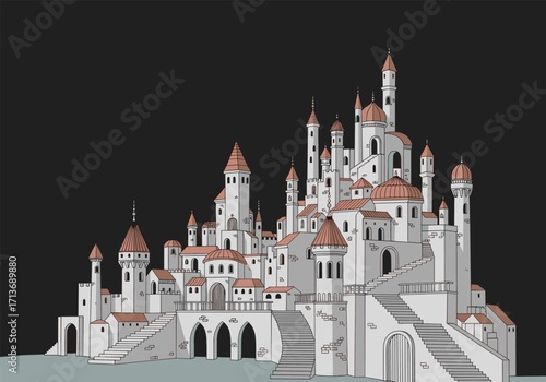 An elaborate fantasy castle city rises against a dark background in this architectural illustration.