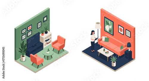 Modern isometric living room scenes with furniture and decor elements