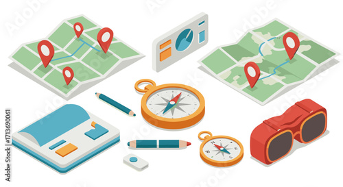 Isometric navigation tools set with maps, compass, and binoculars for travel and exploration