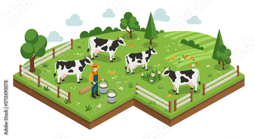 Isometric farm scene with cows and farmer in pasture