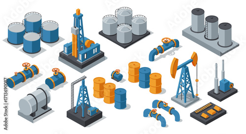 Industrial equipment isometric design: oil drilling, storage tanks, and pipelines