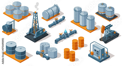 Isometric oil industry elements: drills, tanks, and pipes for energy projects