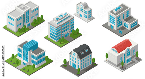 Isometric hospital buildings set with modern architecture and urban landscape elements