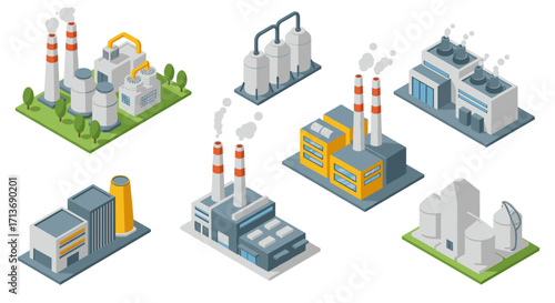 Isometric industrial factories and warehouses set with chimneys and tanks