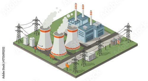 Isometric power plant with cooling towers and electrical grid