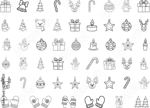 Set of Christmas Line Icons with Gifts, Trees, Snowmen, Reindeer, Mittens, Candles, and Ornaments