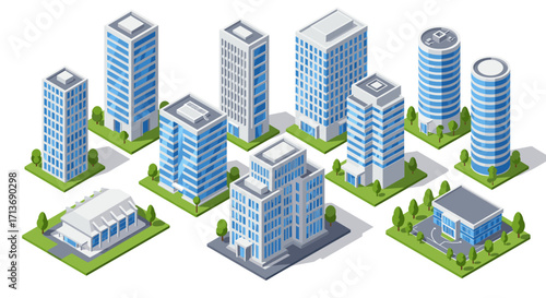 Modern cityscape with isometric skyscrapers and urban landscape elements