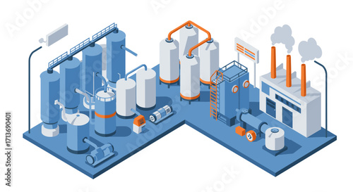 Isometric industrial factory with machinery and storage tanks in blue and orange