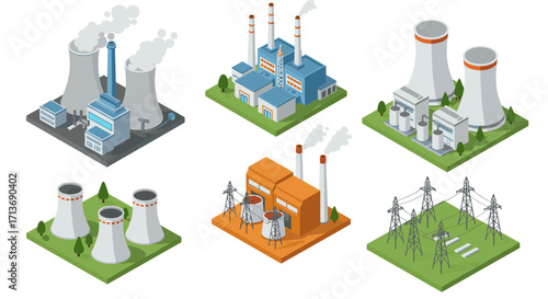 Isometric energy plants and power stations collection with cooling towers