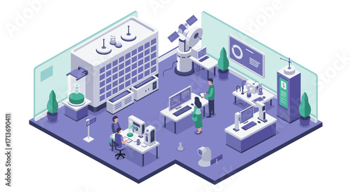Futuristic laboratory with scientists and advanced equipment in isometric view