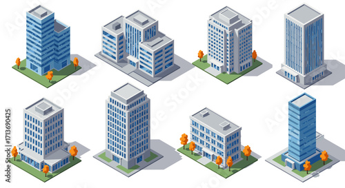 Modern urban architecture set featuring isometric office buildings with minimalist design and autumn trees