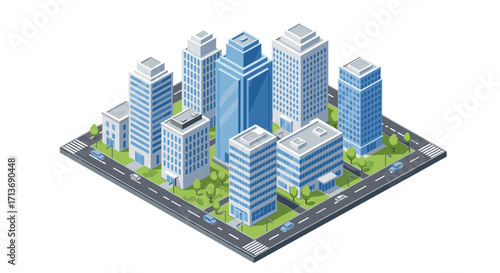 Isometric cityscape with skyscrapers and streets in urban setting